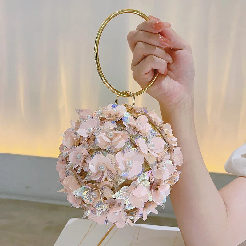 Mini Sequin Flower Evening Bag, Elegant Dinner Clutch Purse, Formal Round Banquet Handbag For Wedding Party Prom