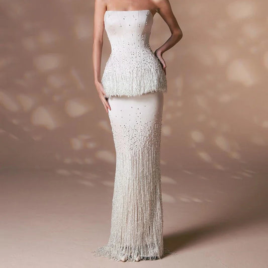 Customized High Quality Jersey Evening Dress Sexy Strapless Floor Length Sleeveless Delicate Tassel Crystal Vestido De Festa
