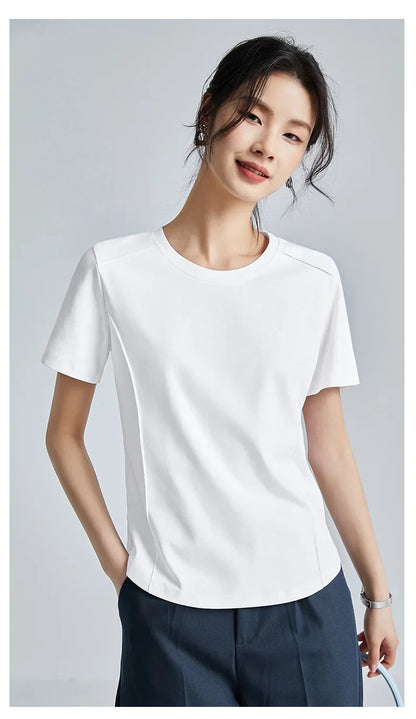 Summer Women's White Mercerized Cotton T-Shirt | 3D Stitching Round Neck Basic Top | Plus Size Slim Fit Layered Casual Blouse