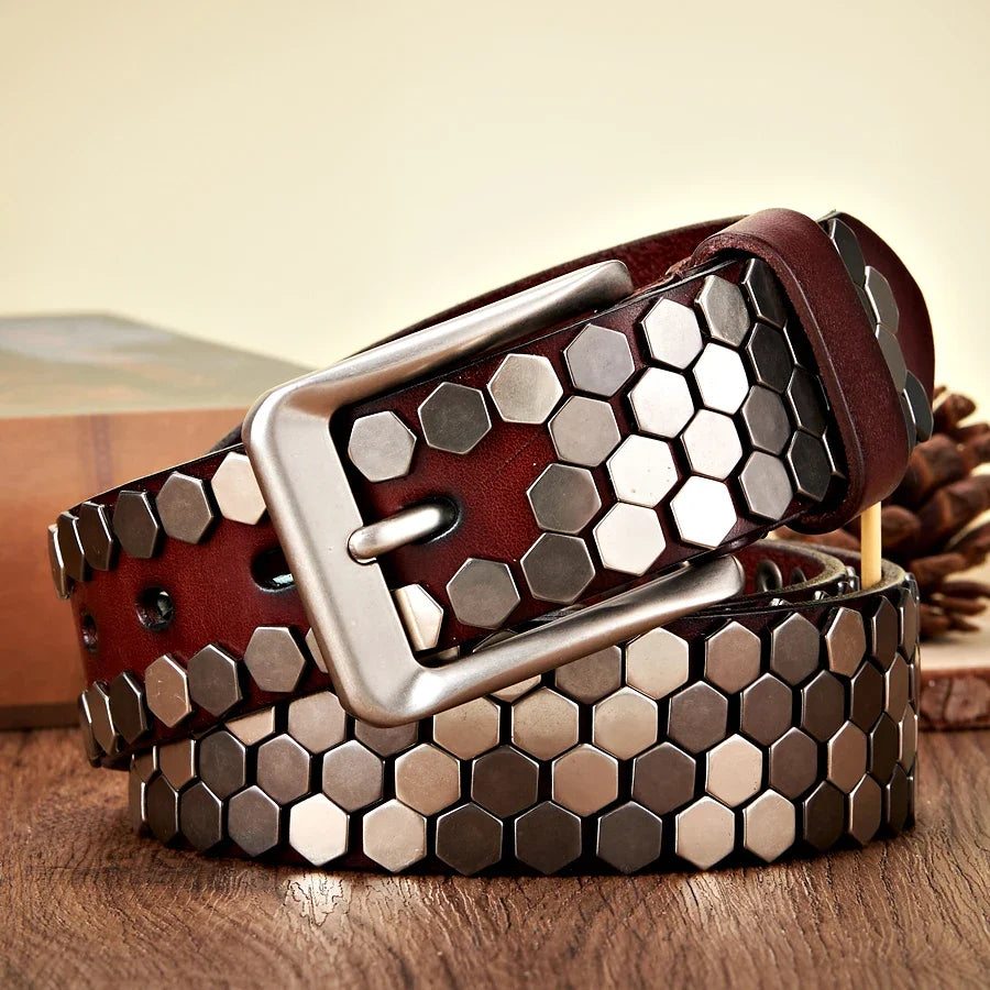 3.8cm Width Men Rivet Studded Belt Punk With Pin Buckle Belts Hip Hop Male High Quality Genuine Leather Belt Rock Strap
