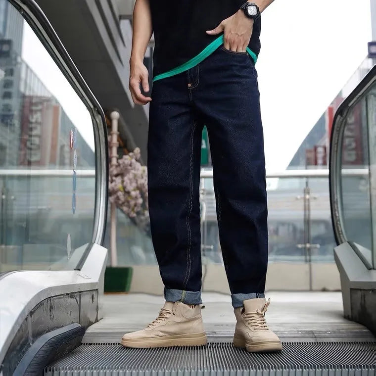 Men's Japanese Handmade Embroidered Jeans Pure Cotton Straight Tube Hip-Hop Popular Slim Red Ears Show Thin Trousers Devil Black