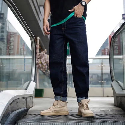 Men's Japanese Handmade Embroidered Jeans Pure Cotton Straight Tube Hip-Hop Popular Slim Red Ears Show Thin Trousers Devil Black