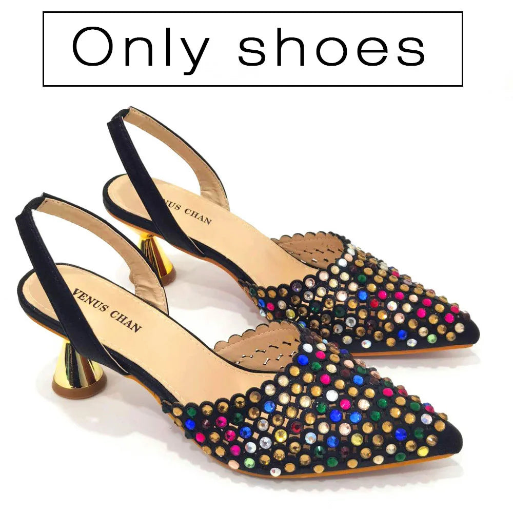Shoes for Women High Heels 2023 Pointed Luxury Designer Colorful Stones Evening Party Matching Shoes and Bags Sets