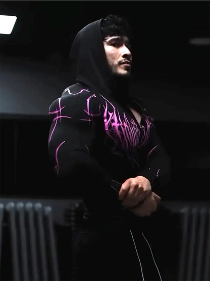 2026 Spring Summer New Men's Black Hooded Sports Compression Long Sleeve Shadow Style Street Subcultural Style