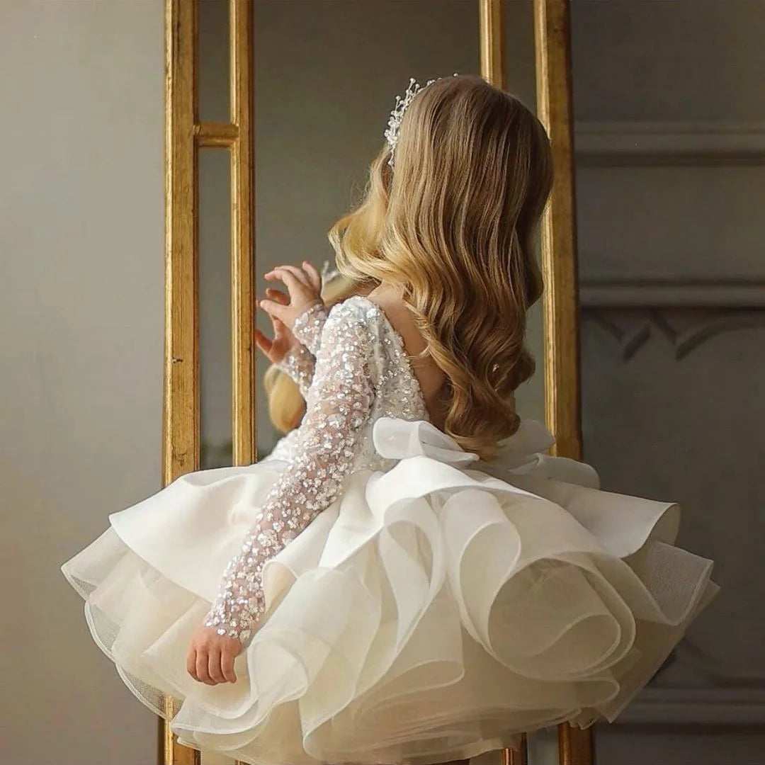 Customized Flower Girl Dresses Ivory Tulle Satin Sequin With Bow Long Sleeve For Wedding Pagant Birthday Holy Communion Gown