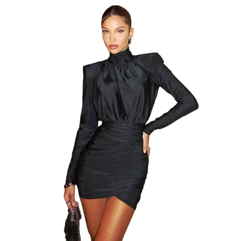 Classic Turtleneck Dress Women Shoulder Padded Ruched Sexy Office Commute Simple Peach Hip Skinny Elegant Mini Bodycon