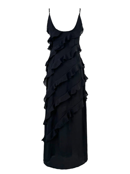 2024 Summer Fashion New Elegant Women's Sexy Chiffon Vacation Style Sling Dress with Ruffle Edge Style Long Dress