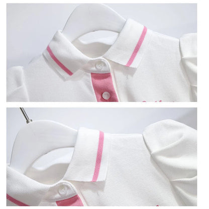1pcs Summer Children's Dress Girl's Korean Edition Bubble Sleeves Flip Collar Dress Kids Princess Dress Baby Sweet Pleated Skirt