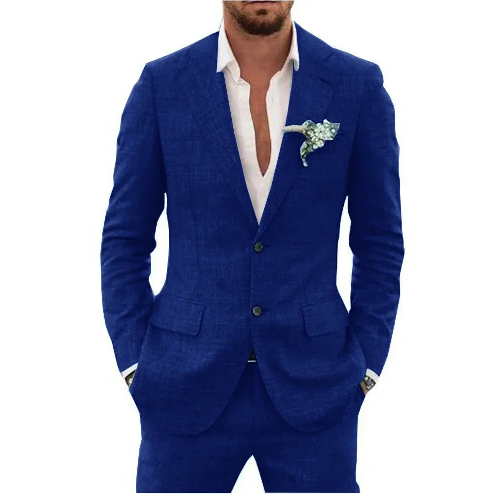 High Quality Linen Suits for Men Two Piece Formal Notch Lapel Single Breasted Male Suit Beach Casual Elegant Wedding Tuxedo