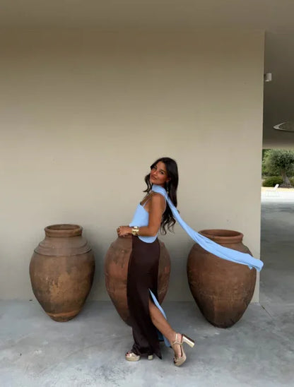 Fashion Color Block Spaghetti Strap Maxi Dress Women Elegant Halter Scarf  High Split Slim Vestidos 2026 New Daily Party Robes