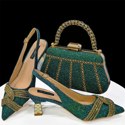 Nigerian Heel Party for Women Shoes and Bag Set Champagne Colour Rhinestone Handbag Italian Design Wedding INS 2024