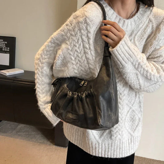 Retro Leather Shoulder Bags for Women 2025 Spring Vintage Underarm Bag Handbags and Purses Latest Fashion Hand Bag