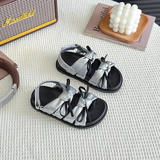 2026 Summer Girls Princess Sandals with Double Bow-knots Soft Fashion Classic Kids Summer Beach Shoes Open Toes Sweet Anti-skid