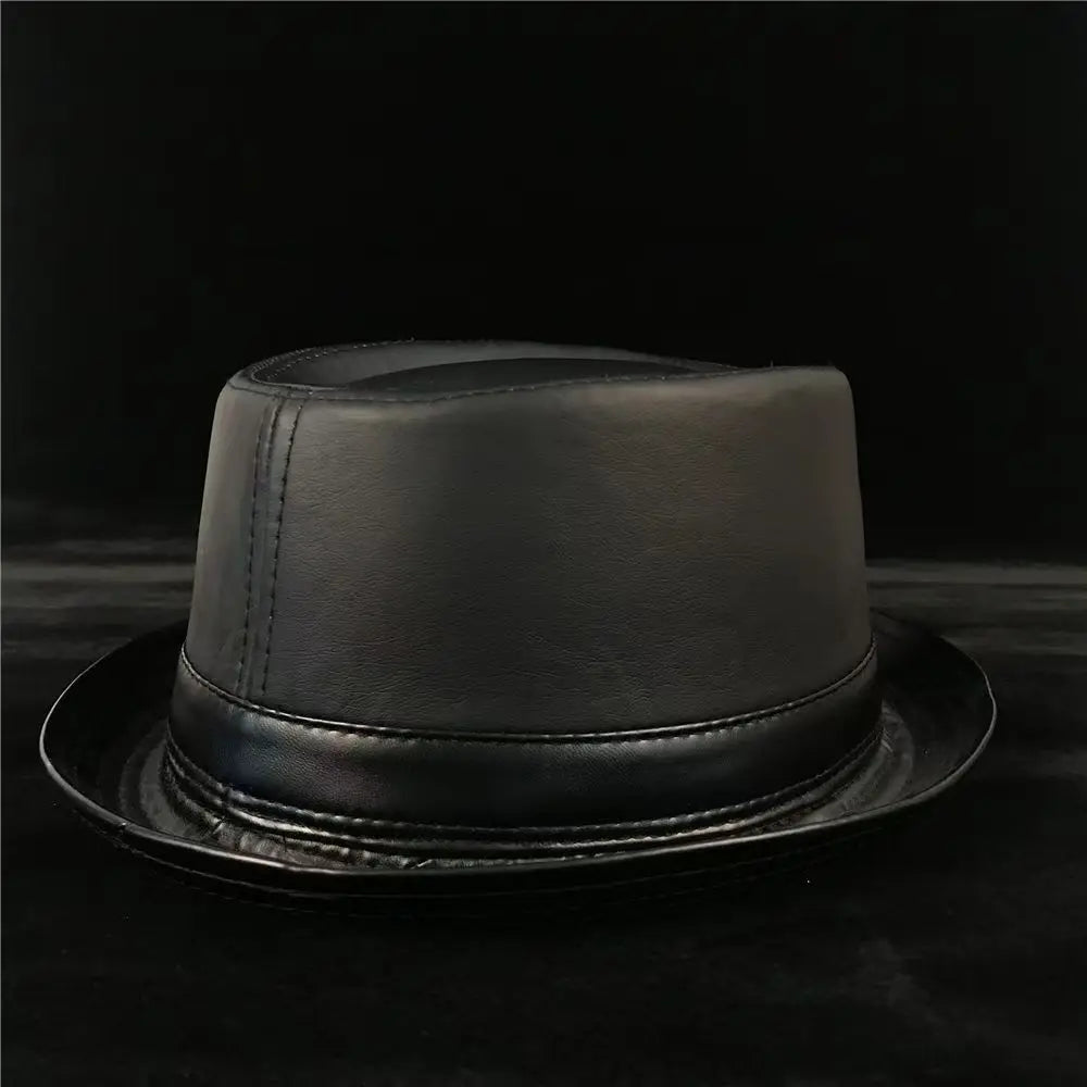 Men and Women Black Leather Fedora Hat Vintage Style Jazz Hat for Autumn & Winter Fashion, Handmade Trilby Hat