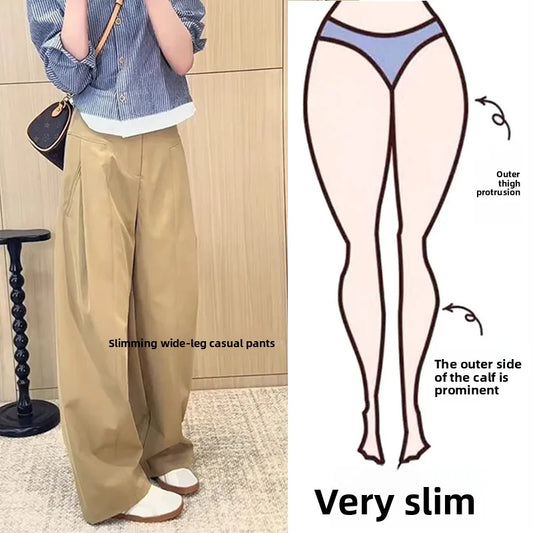 Khaki Casual Pants Women plus Size 200 Pou Loose Straight Leg High Waist Slimming Wide Leg Pants Commute Sle Korean Version