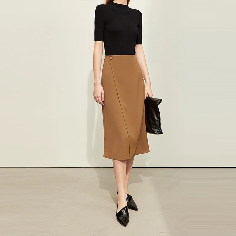Minimalism Women Skirts 2024 Spring New Asymmetric Lap Piece A-line Solid Trendy Commuter Mid-Calf Skirt For Lady 12421040