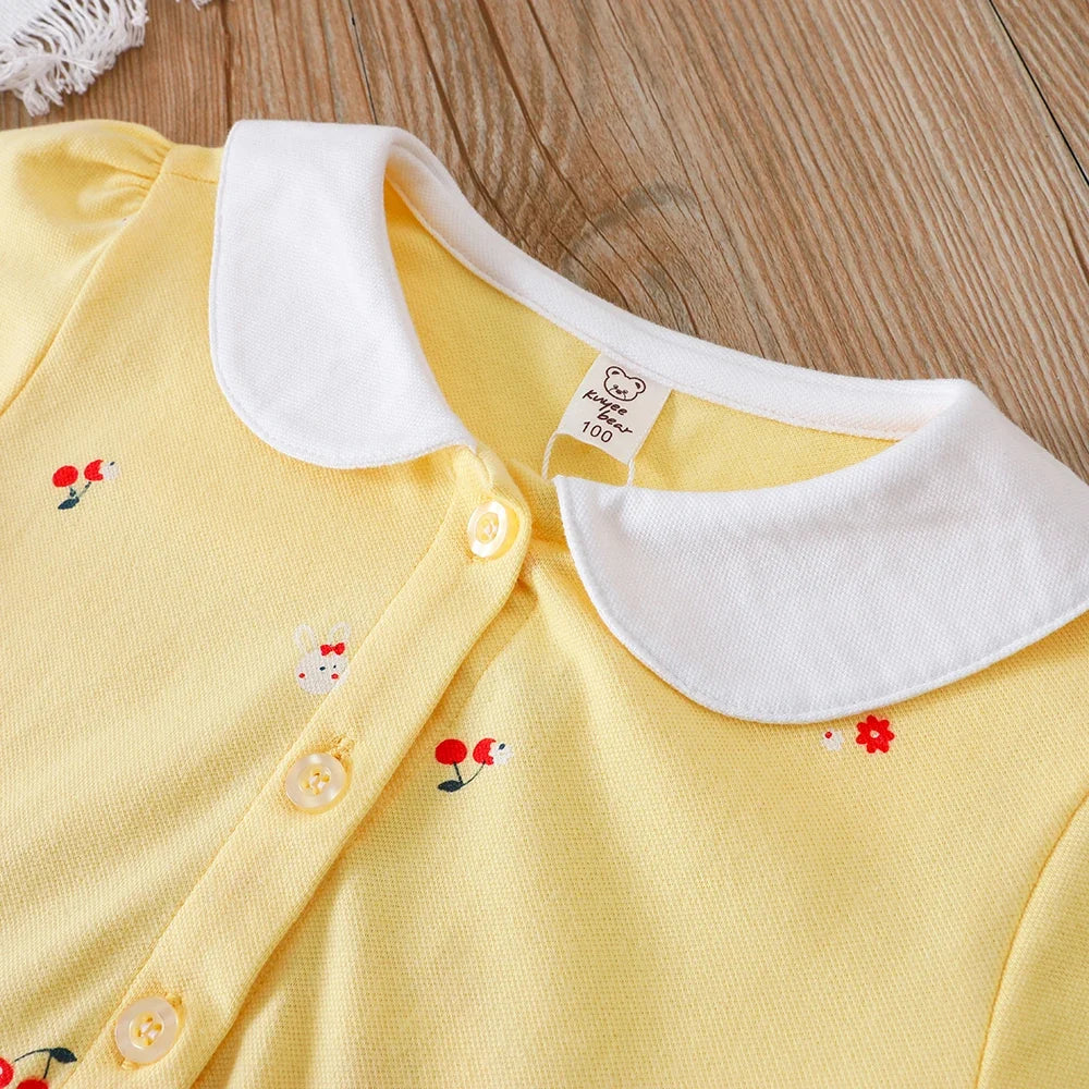 Baby Girls Summer Dress Short Sleeved Turn Down Collar Cotton Clothes for Girls Aged 2-6 Years Kids Dresses