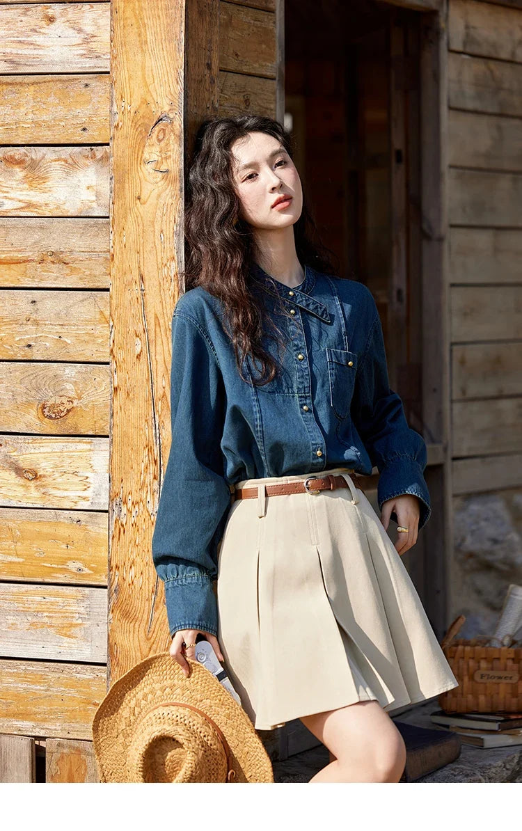 100 Cotton Denim Shirt French Retro Long Sleeved Shirt for Women 2025 Spring Loose Fit O Neck Casual Shirt Top MXE12C0384