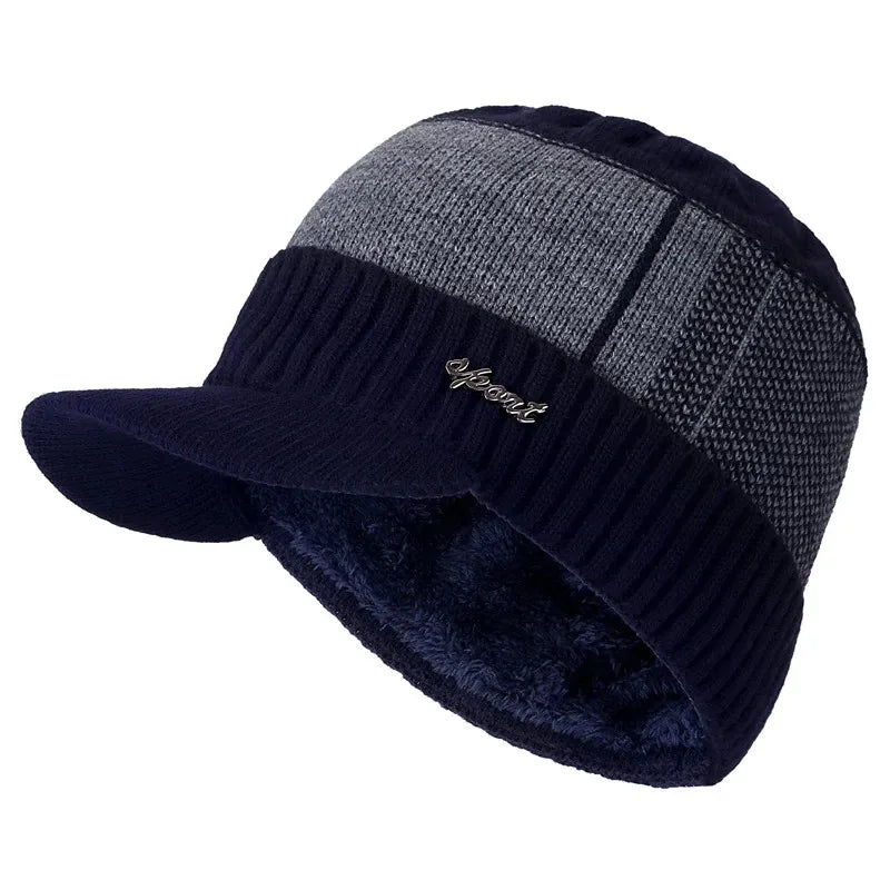Hot Sale Unisex Warm Winter Hat With Brim Plush Fur Lined Knit Cap Sports Label Thicken Winter Hats For Men