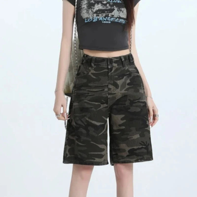 Women's High Waist Loose Straight Leg Camouflage Denim Shorts Korean Y2K Spring Summer Streetwear Five-Point Jeans