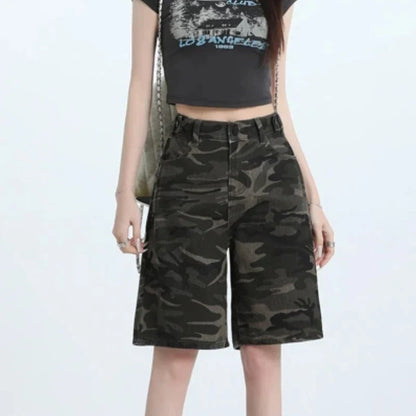 Women's High Waist Loose Straight Leg Camouflage Denim Shorts Korean Y2K Spring Summer Streetwear Five-Point Jeans