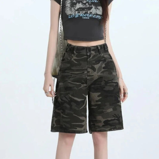 Women's High Waist Loose Straight Leg Camouflage Denim Shorts Korean Y2K Spring Summer Streetwear Five-Point Jeans