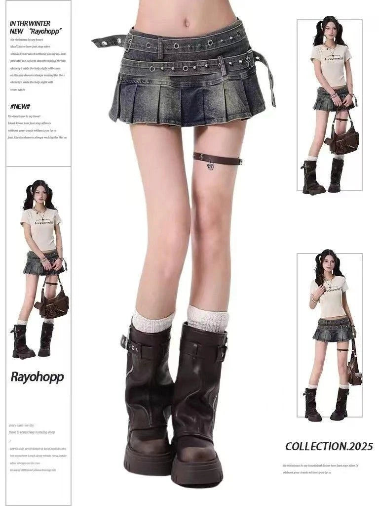 Y2k Vintage Streetwear Sexy Denim Skirts Women American Belt Buckle High Waist Pleated Skirt Hottie All-match Short Skirt Summer