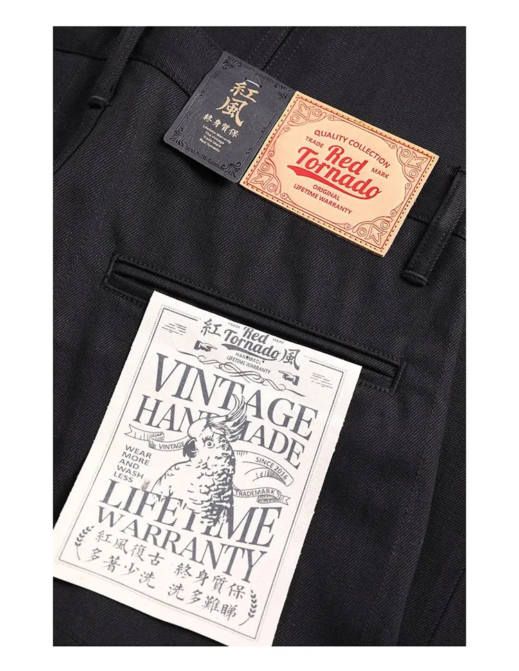 Black Men's Jeans Relaxed Fit 14.5oz Selvedge Denim Officer Trousers