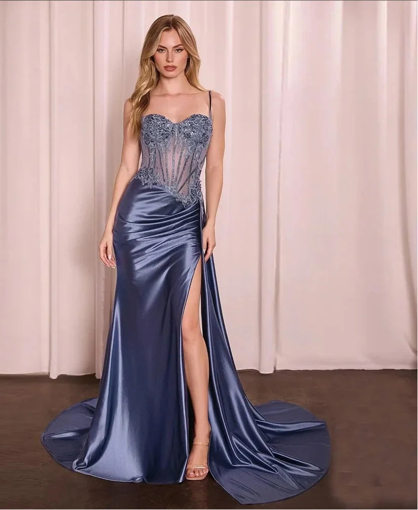 Blue Charming Prom Dress Lace Appliques Sweetheart Prom Gown High Side Split Mermaid Evening Dresses robe soirée Customized