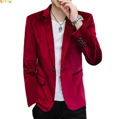 2026 Men's Red Slim Suit Jacket, Long Sleeve Single Button Dress Coat, Asian Size Teenagers Blazers Blue Green Black Male Tops
