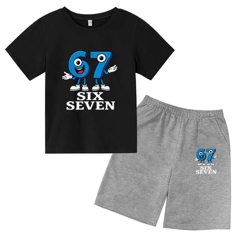 67 Funny Cartoon Number Print Kids Summer Casual 2PCS Breathable Tees+Short Pants Suits 2-13 Years Boys Girls Fashion Clothes