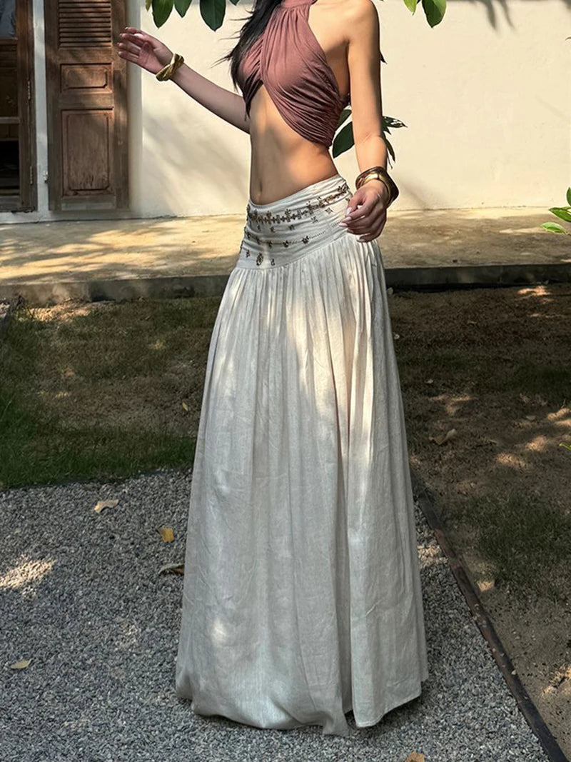 Vintage Beading Midi Skirt Women Vacation Beach Low Waist Skirts Summer Ladies Streetwear Korean Casual Design A Line Faldas New