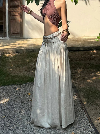 Vintage Beading Midi Skirt Women Vacation Beach Low Waist Skirts Summer Ladies Streetwear Korean Casual Design A Line Faldas New
