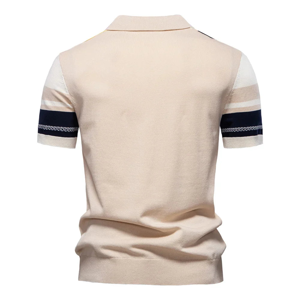 2025 Men's Breathable Striped Contrast Panel Polo Shirt - Lightweight Summer Casual Knit Top with Mesh Inserts