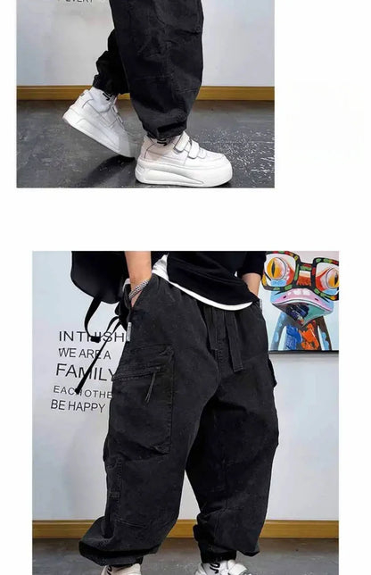 American Vintage Cargo Joggers Mens Washed Distressed Multi Pocket Pants Oversized Loose Fit Streetwear Hip Hop Plus Size Trendy