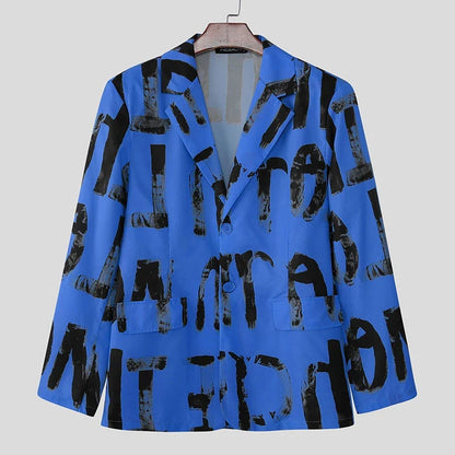 Men Blazer Printing Lapel Long Sleeve Button Korean Style Casual Male Suit Streetwear 2025 Elegant Fashion Thin Coats