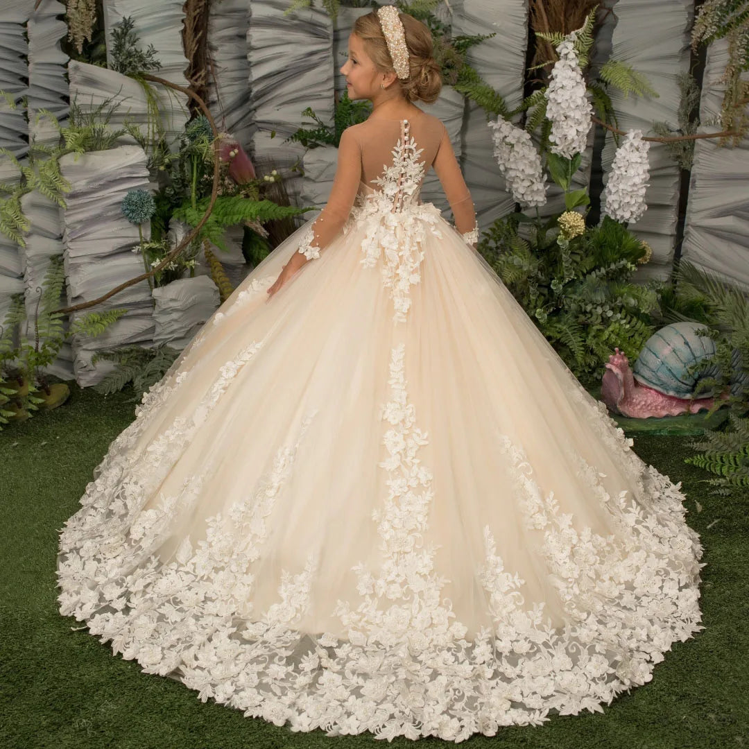 Customized Flower Girl Dress Light Champagne Pearls Floral Appliques Long Sleeve For Wedding Birthday Prom Holy Communion Gown