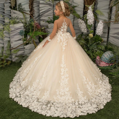 Customized Flower Girl Dress Light Champagne Pearls Floral Appliques Long Sleeve For Wedding Birthday Prom Holy Communion Gown