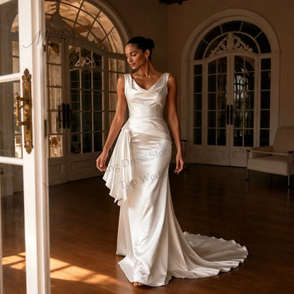 Simple Satin Wedding Dress 2026 Cowl Neck Mermaid Bridal Gown With Draped Sash Low Back Civil Wedding Reception Dress For Women
