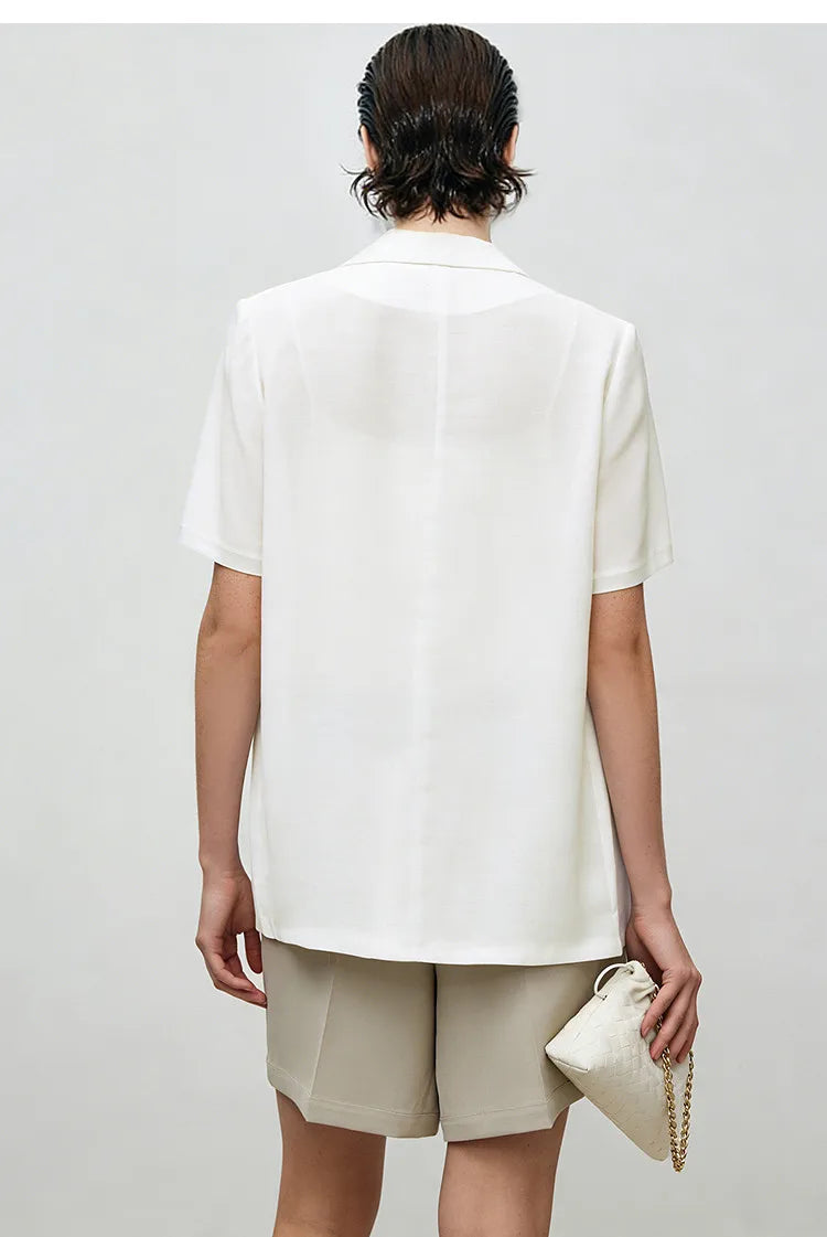 Women's Blazer 2026 Summer New Notched Lapel Chiffon Splicing Short Sleeve Jacket Women's Single Button Casual Top 12622126