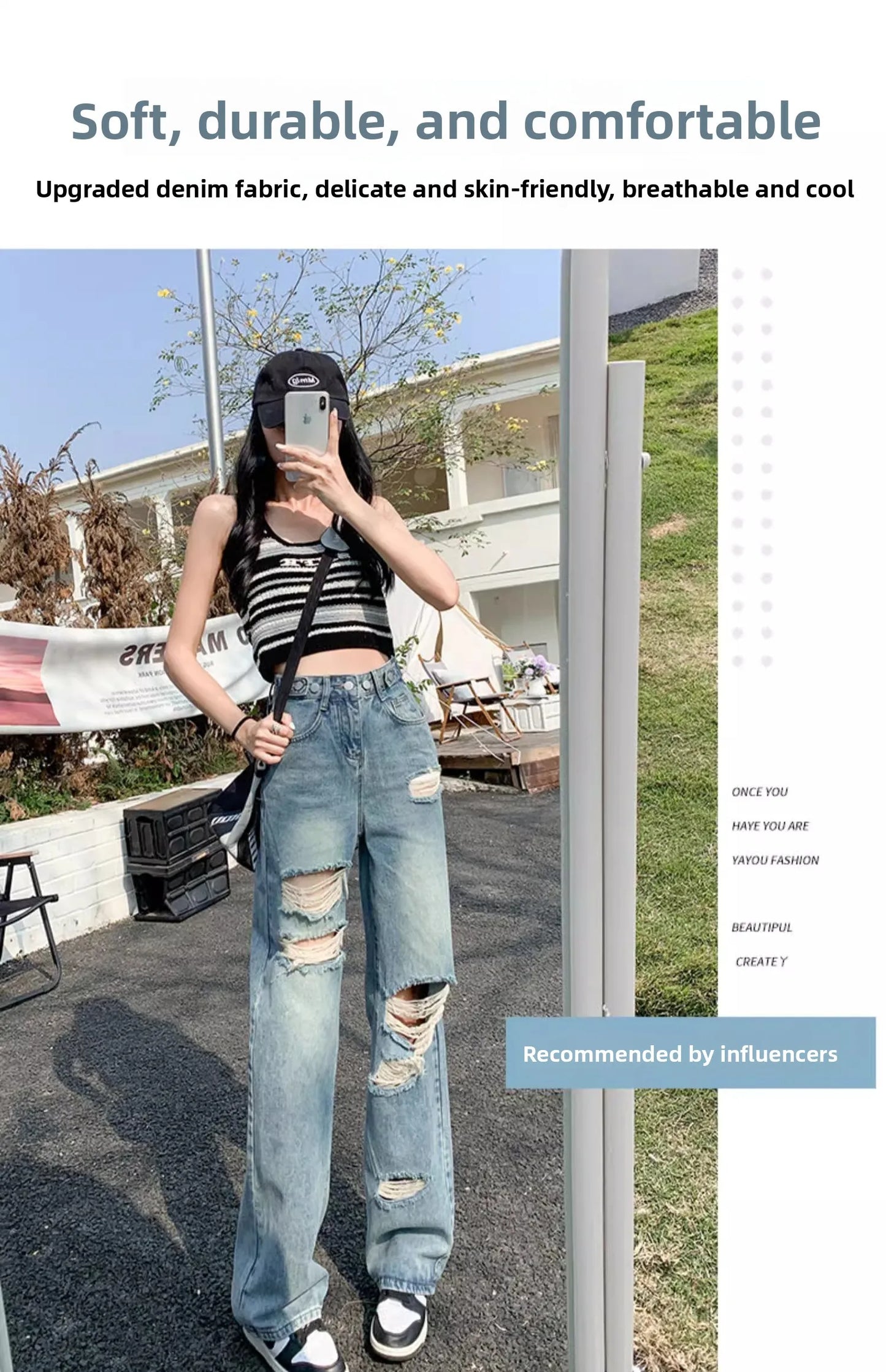 Trendy Ripped Straight Leg Jeans Women's Spring Summer High Waist Loose Wide Leg Pants Slimming Design Casual Denim Jeans