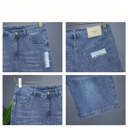 Summer Thin Men's Embroidered Denim Shorts Fashion Stretch Slim Breathable Straight Jeans Personality Bermuda Short Pants Male