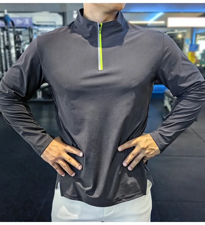 Stand-up Collar Sports Long-sleeved Men Autumn Outdoor Running Gym Fitness Training Clothes Elastic Quick-drying Breathable Top
