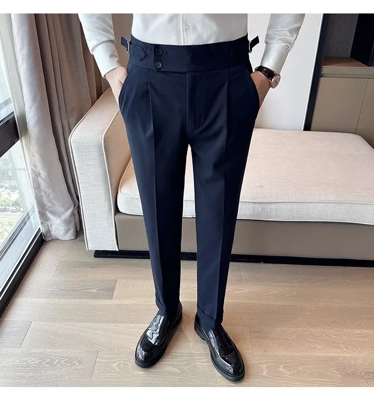 Autumn Winter High Waist Business Dress Pants Men Casual Belt Design Slim Suit Pants Formal Wedding Social Party Male Trousers