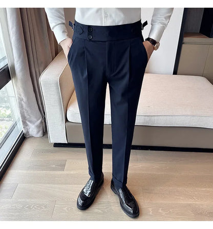 Autumn Winter High Waist Business Dress Pants Men Casual Belt Design Slim Suit Pants Formal Wedding Social Party Male Trousers