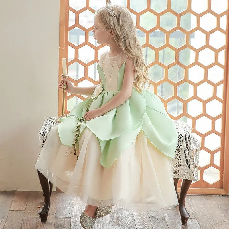 Girls Cosplay Tiana Yellow Short-Sleeved Fluffy Princess Dress For Girl Birthday Party Princess Dress With Accessories