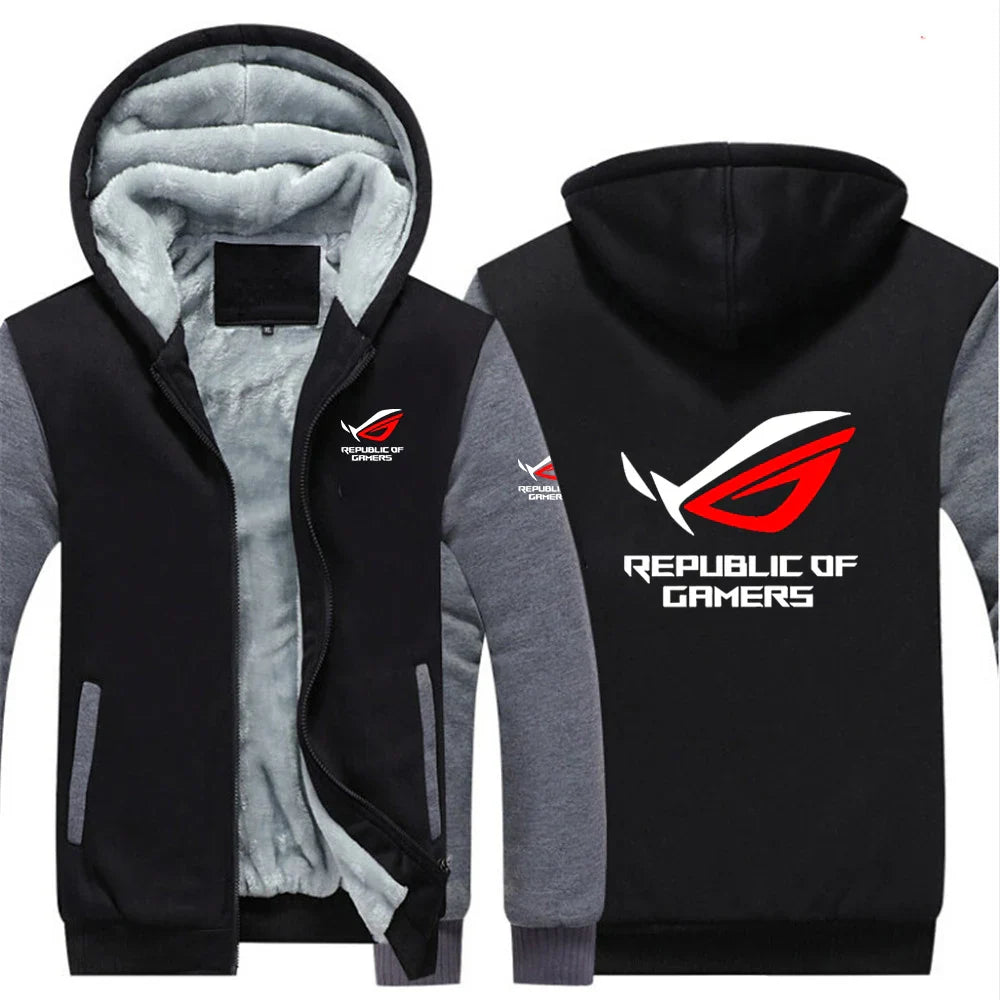 2025 Autumn Winter Cardigan Long Sleeve Thickened Hoodies Men's ROG Republic Of Gamers Print Cold-Proof High Street Hooded Coats