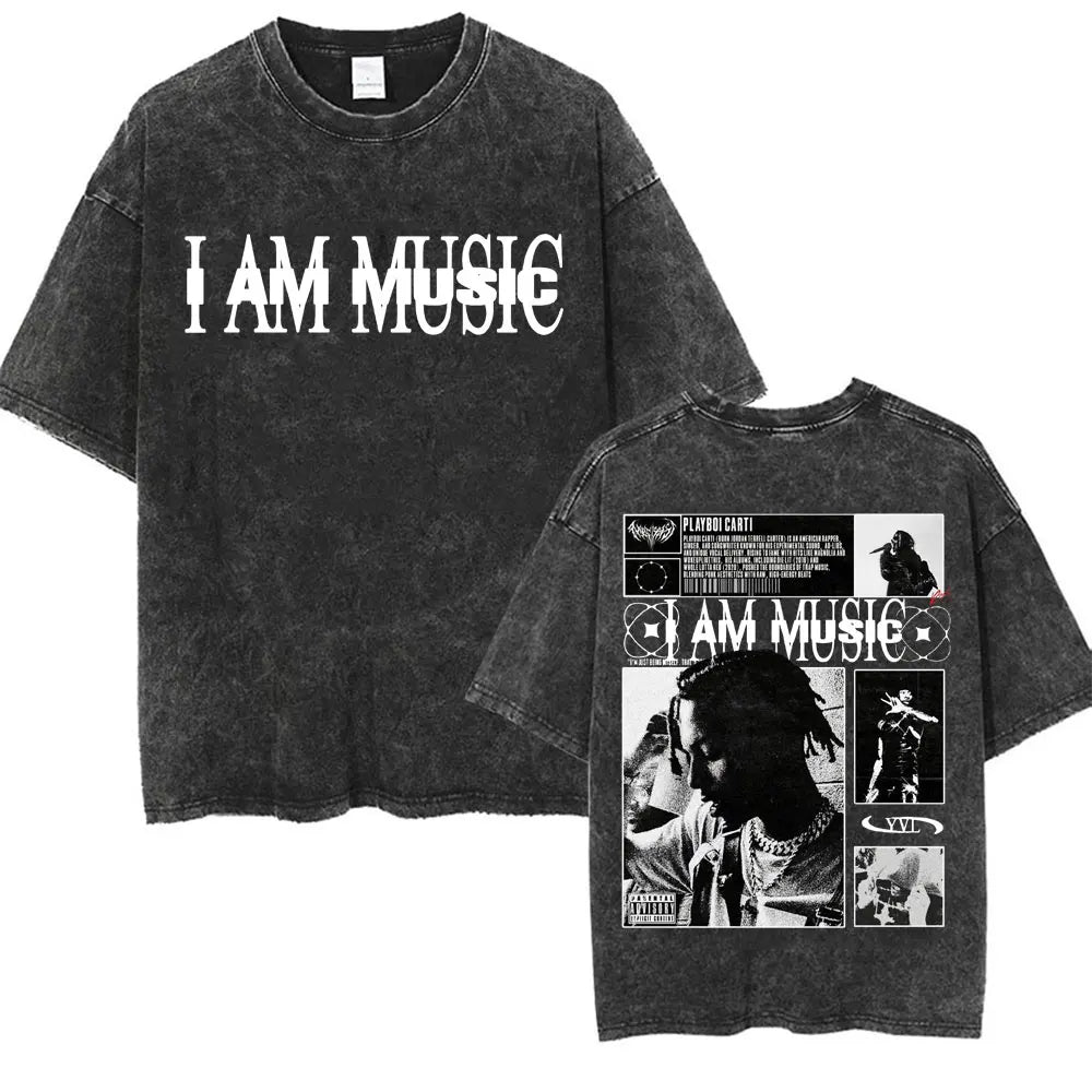 Retro Washed Playboi Carti I AM MUSIC Logo T Shirt Opium Ken Carson Narcissist Tour Antagonist Rap T-shirts Men's Oversized Tees