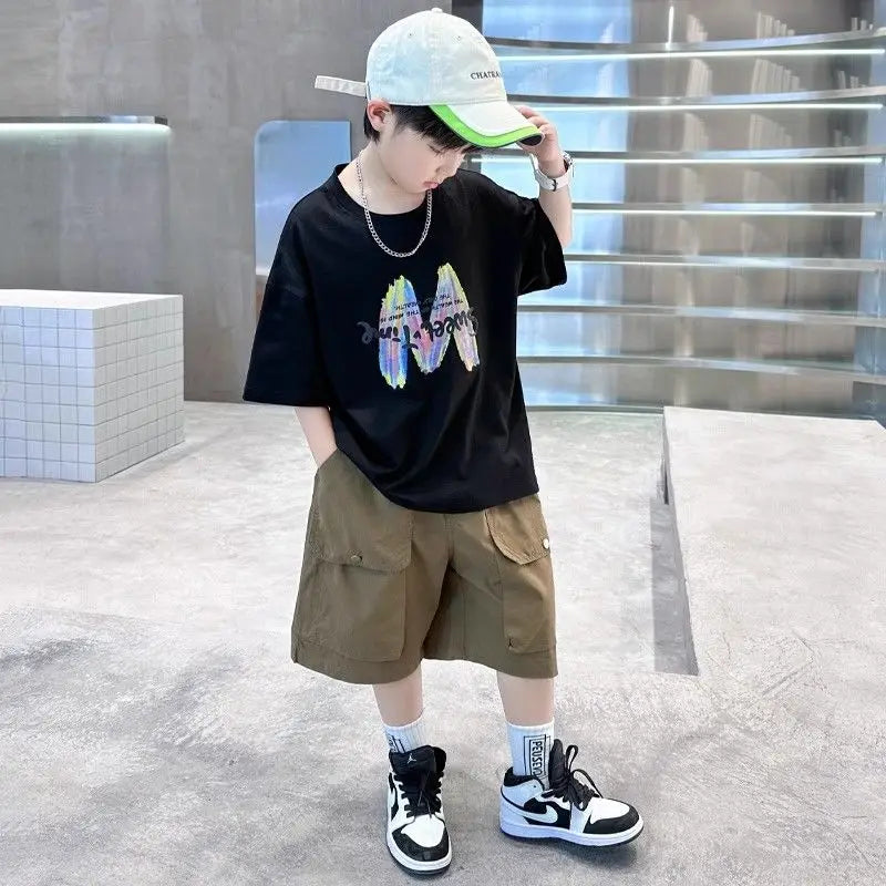 Printing Clothes for Boy Summer Set 2025 New Children's Clothing Boys Kids Top Bottom Elementary Student Men's T-shirts Korean