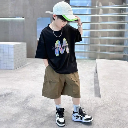 Printing Clothes for Boy Summer Set 2025 New Children's Clothing Boys Kids Top Bottom Elementary Student Men's T-shirts Korean